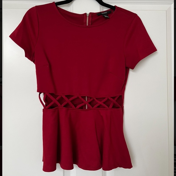 Short sleeved dark red peplum top - Picture 1 of 3